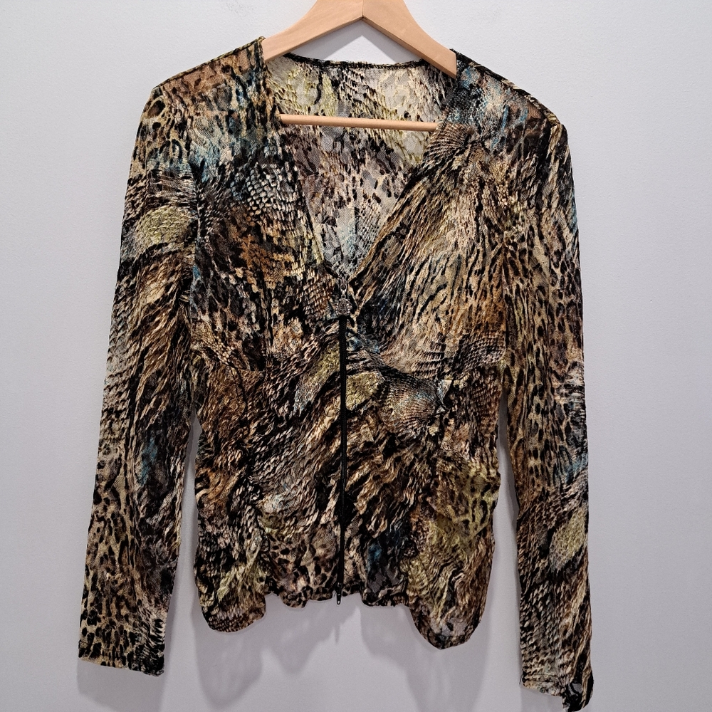 Vintage Animal Print Sheer Y2K Grunge Whimsigoth Long Sleeve 2-Way Zip Top